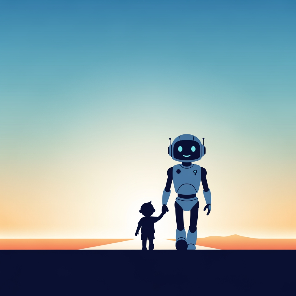 AI Design for a simple illustration of a robot and child walking together into the future. minimalistic.