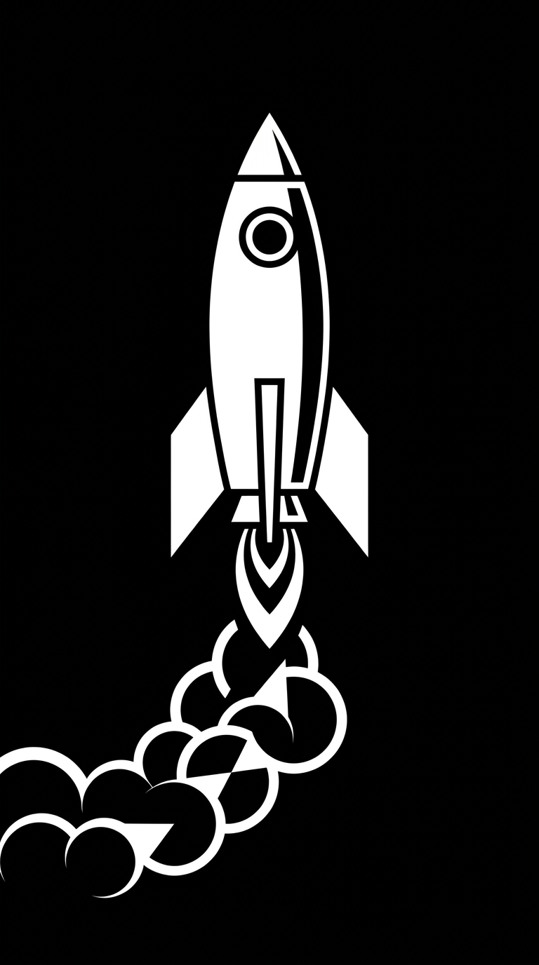 AI Design for A minimalist, high-contrast black and white graphic illustration of a sleek rocket ascending vertically into the void of space. Wispy, stylized puffs of smoke trail behind the engine in a clean, geometric composition against a solid, stark background, emphasizing negative space and bold lines.