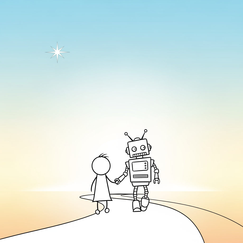 AI Design for stick figures of a robot and child walking together into the future. minimalistic.