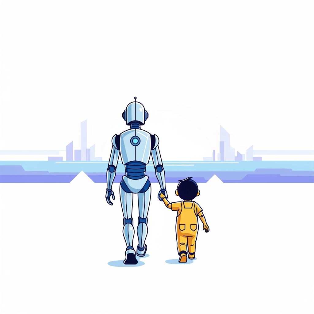 AI Design for a simple illustration of a robot and child walking together into the future. minimalistic.