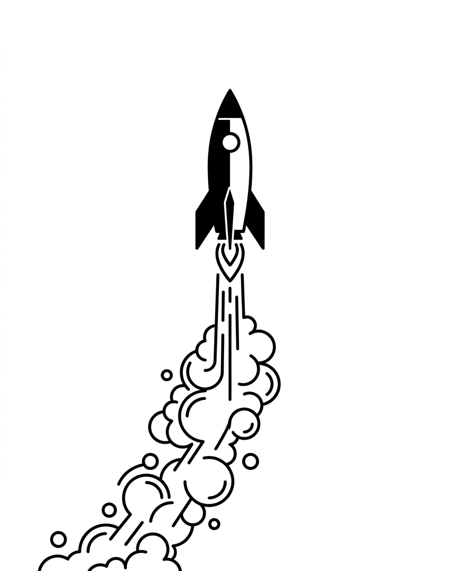 AI Design for A minimalist, high-contrast black and white graphic illustration of a sleek rocket ascending vertically into the void of space. Wispy, stylized puffs of smoke trail behind the engine in a clean, geometric composition against a solid, stark background, emphasizing negative space and bold lines.