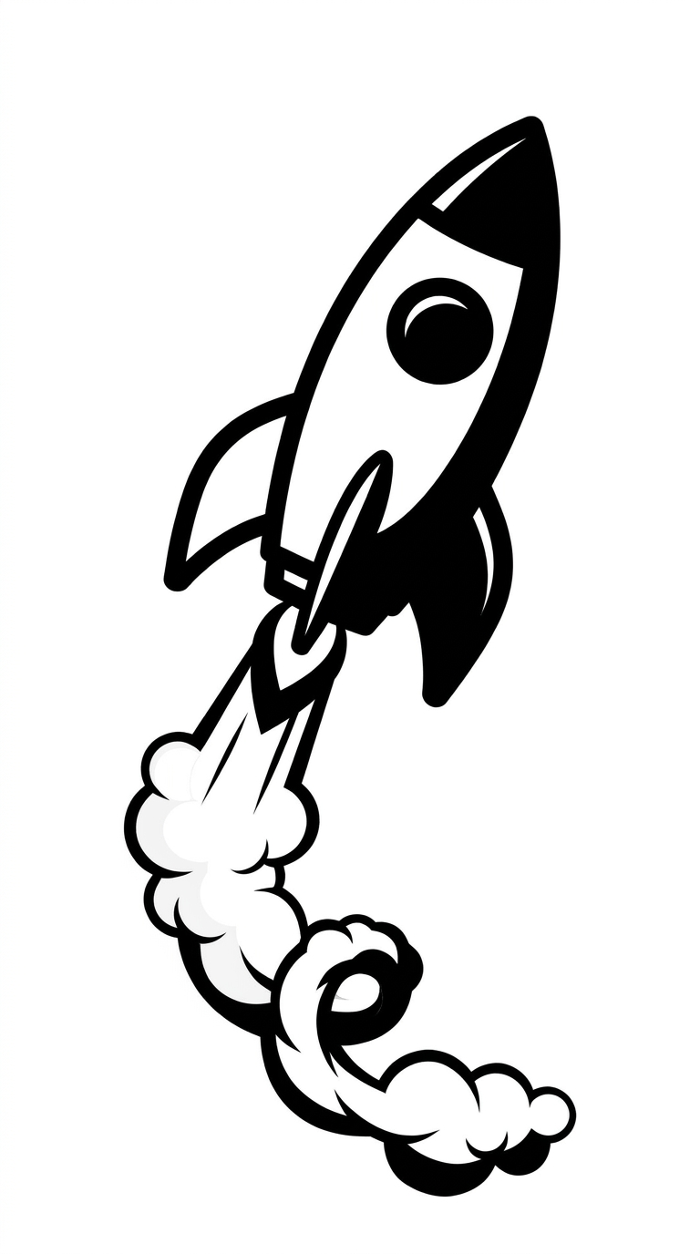 AI Design for A minimalist, high-contrast black and white graphic illustration of a sleek rocket ascending vertically into the void of space. Wispy, stylized puffs of smoke trail behind the engine in a clean, geometric composition against a solid, stark background, emphasizing negative space and bold lines.