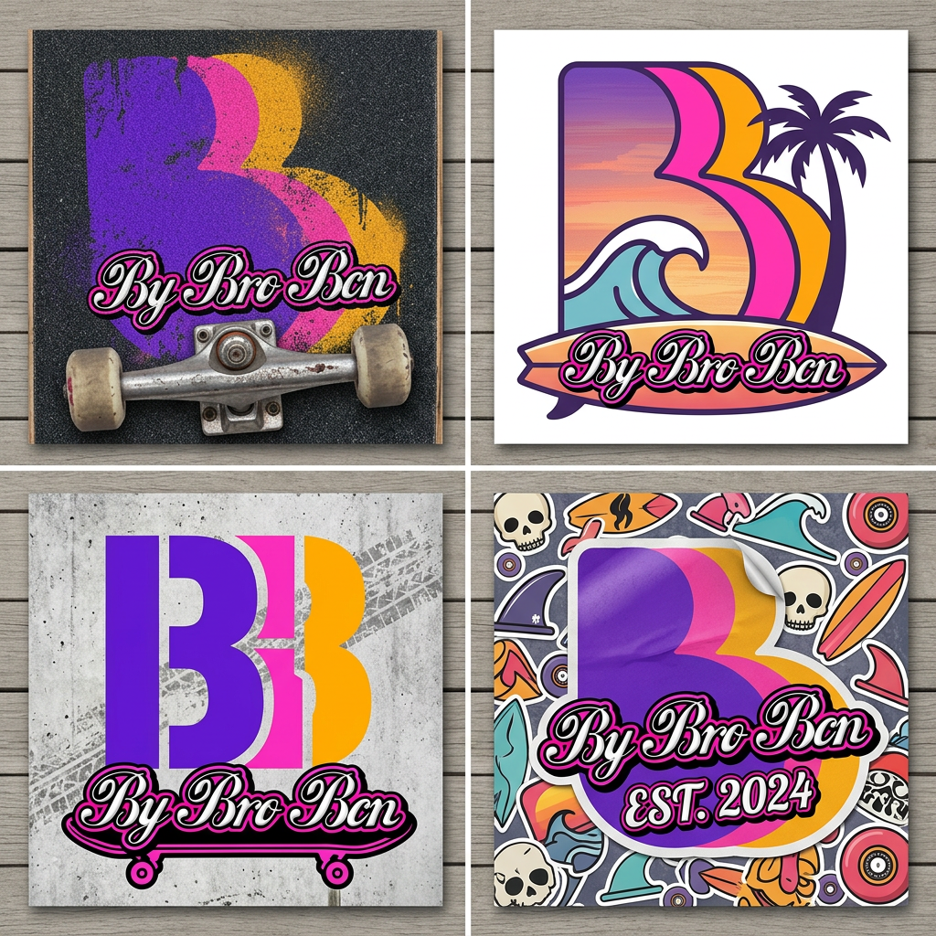 AI Design for a partir de la imagen adjunta, logo y nombre de mi empresa genera 4 propuestas distintas, tomando en cuenta que la marca es para un publico de surf y skate