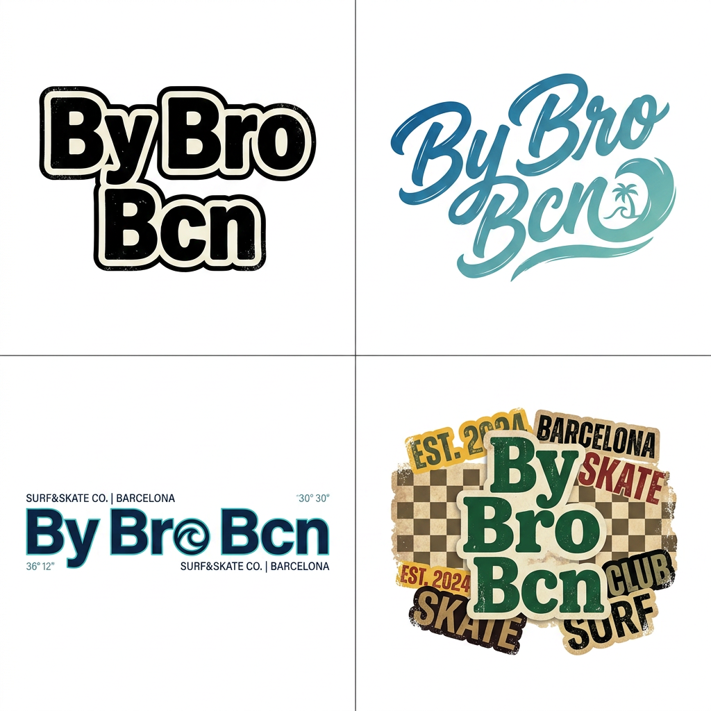 AI Design for analiza las marcas mas relevantes de surf y skate (vans), analiza la fuente de letra y convierte según los resultados de tu análisis el nombre a mi marca en 4 composiciones distintas, cada una con fondo blanco y en alta resolucion