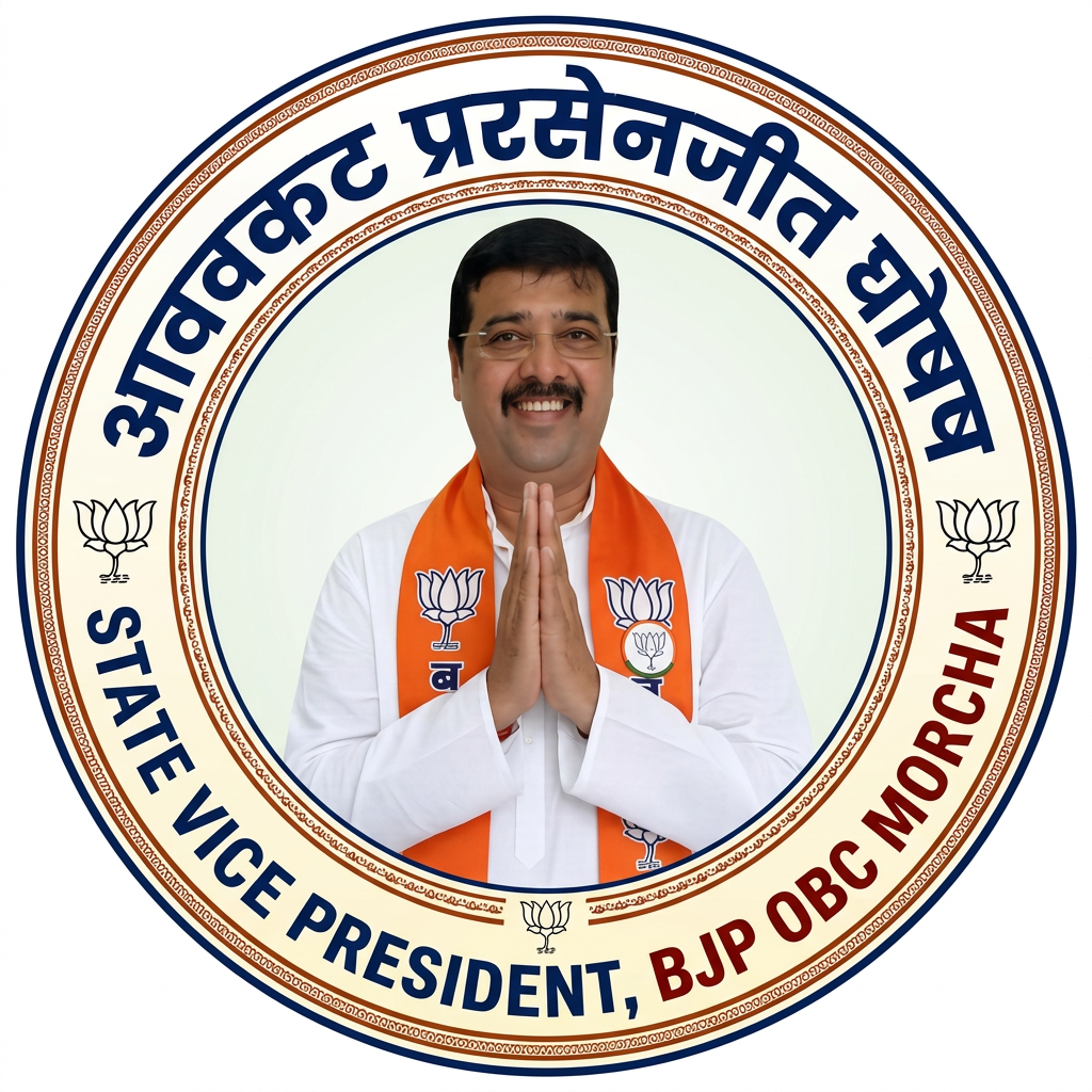 AI Design for MAKE A ROUND SHAP LOGO WITH KEEP MIDDLE THIS PHOTO AND WRITE "ADVOCATE PRASENJIT GHOSH,STATE VICE PRESIDENT,BJP OBC MORCHA" AROUND THE PHOTO