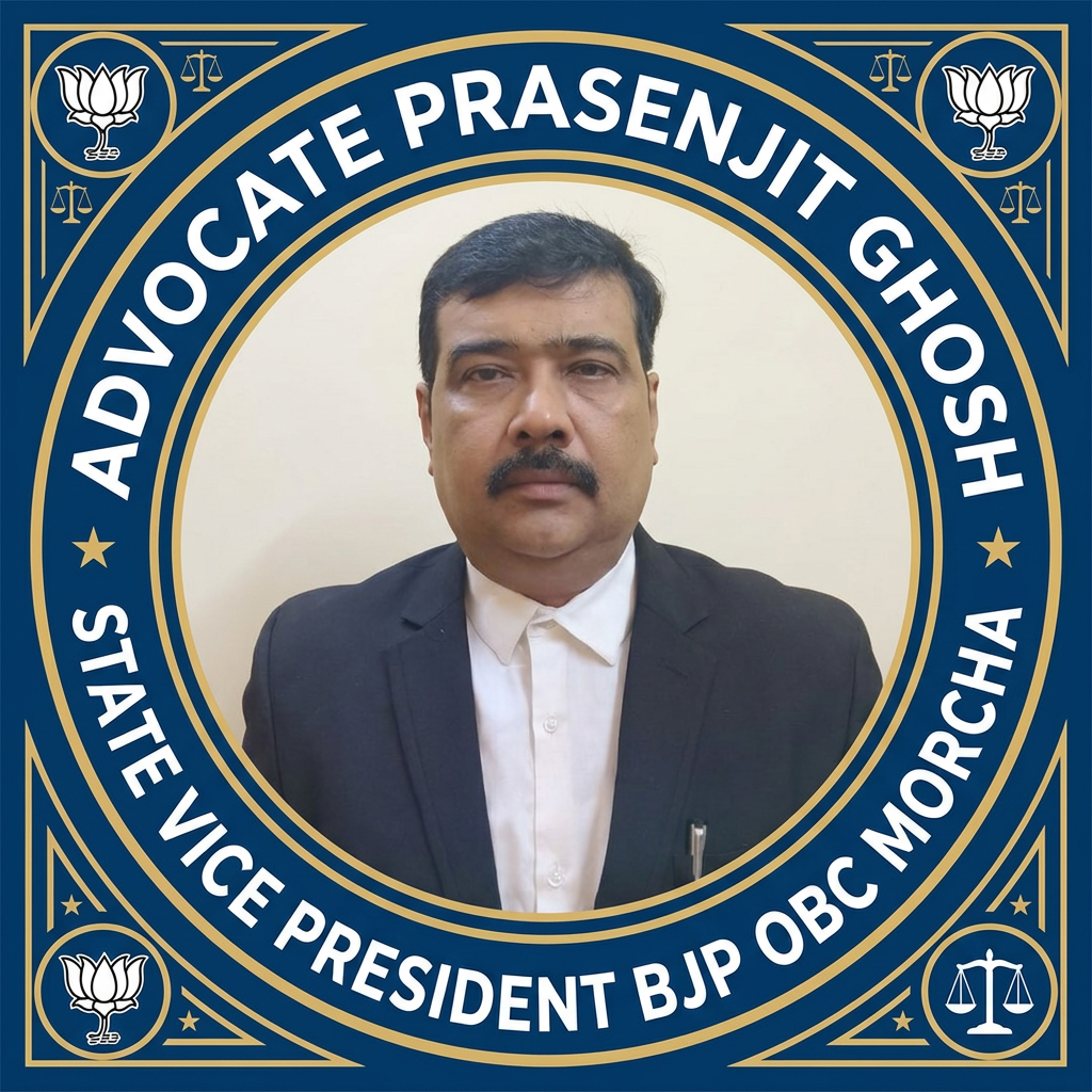 AI Design for MAKE A square SHAP LOGO WITH KEEP MIDDLE THIS PHOTO AND WRITE "ADVOCATE PRASENJIT GHOSH STATE VICE PRESIDENT BJP OBC MORCHA" AROUND THE PHOTO