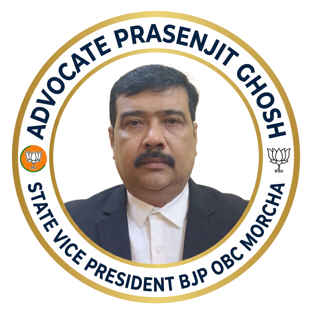 AI Design for MAKE A square SHAP LOGO WITH KEEP MIDDLE THIS PHOTO AND WRITE "ADVOCATE PRASENJIT GHOSH STATE VICE PRESIDENT BJP OBC MORCHA" AROUND THE PHOTO
