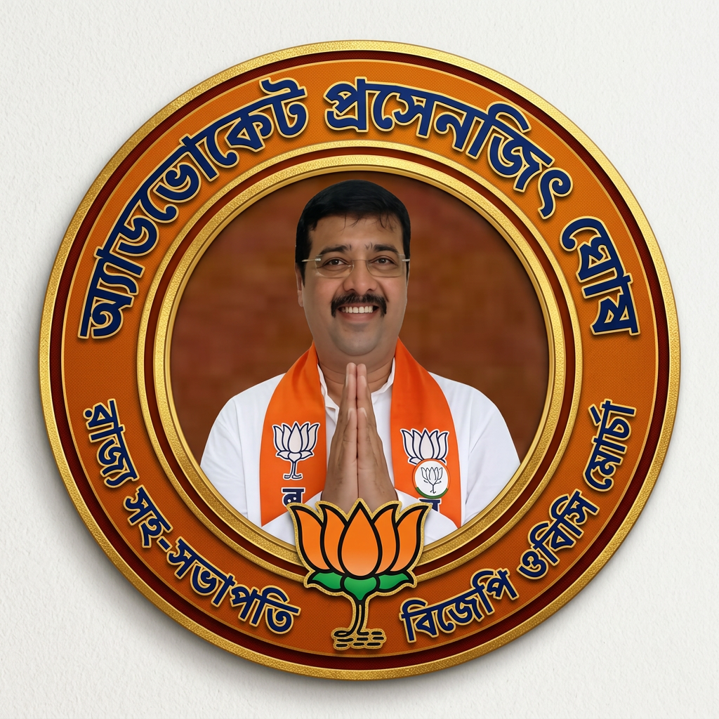 AI Design for MAKE A ROUND SHAP LOGO WITH KEEP MIDDLE THIS PHOTO AND WRITE "অ্যাডভোকেট প্রসেনজিৎ ঘোষ রাজ্য সহ-সভাপতি বিজেপি ওবিসি মোর্চা" AROUND THE PHOTO