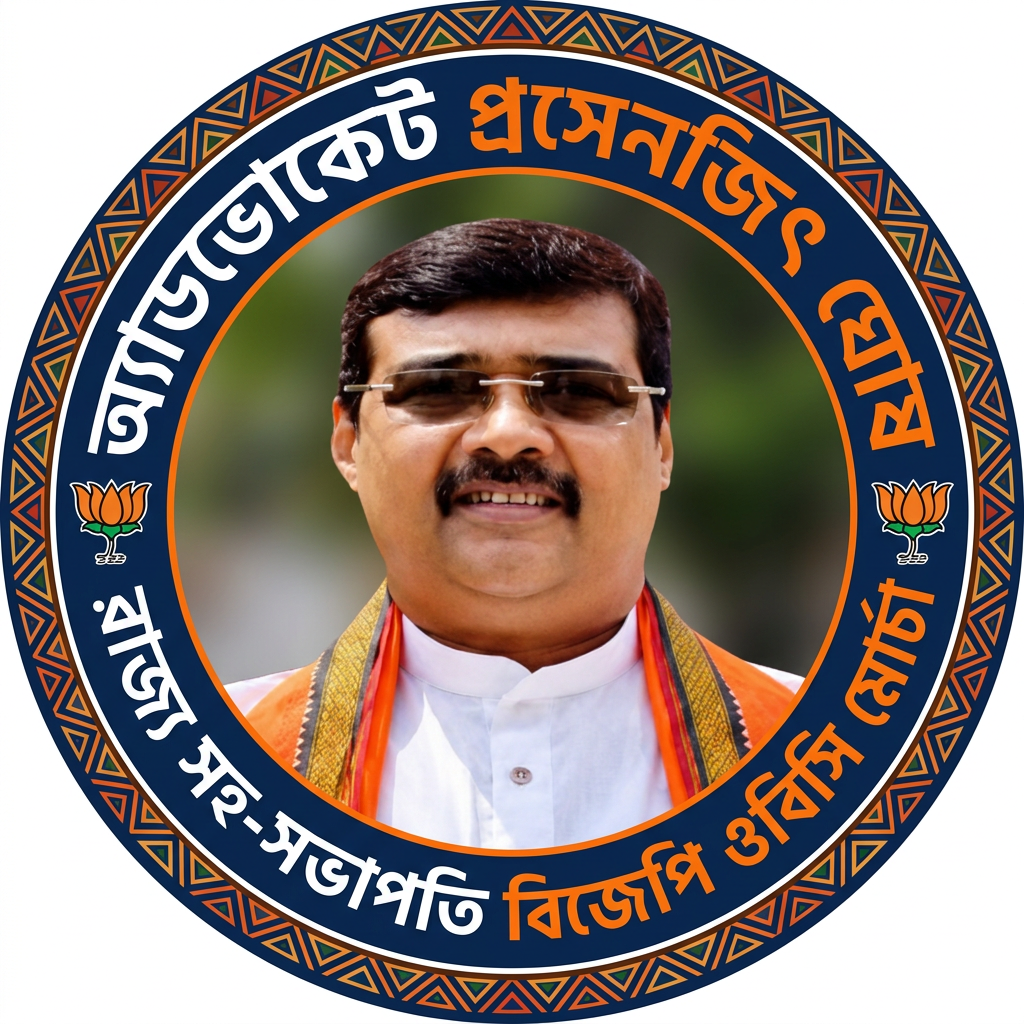 AI Design for MAKE A square SHAP LOGO WITH KEEP MIDDLE THIS PHOTO AND WRITE "অ্যাডভোকেট প্রসেনজিৎ ঘোষ রাজ্য সহ-সভাপতি বিজেপি ওবিসি মোর্চা" AROUND THE PHOTO