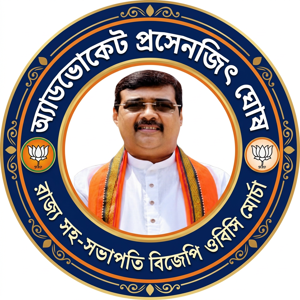 AI Design for MAKE A ROUND SHAP LOGO WITH KEEP MIDDLE THIS PHOTO AND WRITE "অ্যাডভোকেট প্রসেনজিৎ ঘোষ রাজ্য সহ-সভাপতি বিজেপি ওবিসি মোর্চা" AROUND THE PHOTO