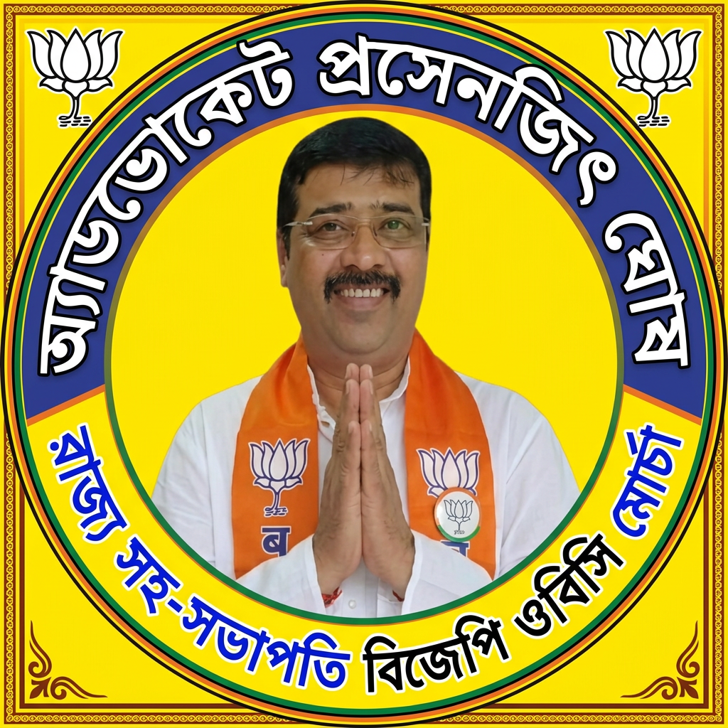 AI Design for MAKE A square SHAP LOGO WITH KEEP MIDDLE THIS PHOTO AND WRITE "অ্যাডভোকেট প্রসেনজিৎ ঘোষ রাজ্য সহ-সভাপতি বিজেপি ওবিসি মোর্চা" AROUND THE PHOTO