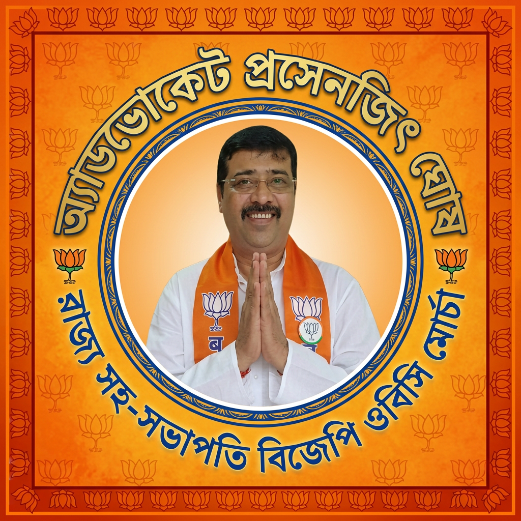 AI Design for MAKE A square SHAP LOGO WITH KEEP MIDDLE THIS PHOTO AND WRITE "অ্যাডভোকেট প্রসেনজিৎ ঘোষ রাজ্য সহ-সভাপতি বিজেপি ওবিসি মোর্চা" AROUND THE PHOTO