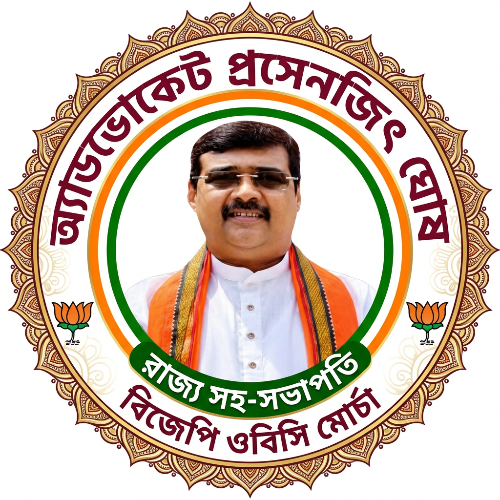 AI Design for MAKE A square SHAP LOGO WITH KEEP MIDDLE THIS PHOTO AND WRITE "অ্যাডভোকেট প্রসেনজিৎ ঘোষ রাজ্য সহ-সভাপতি বিজেপি ওবিসি মোর্চা" AROUND THE PHOTO