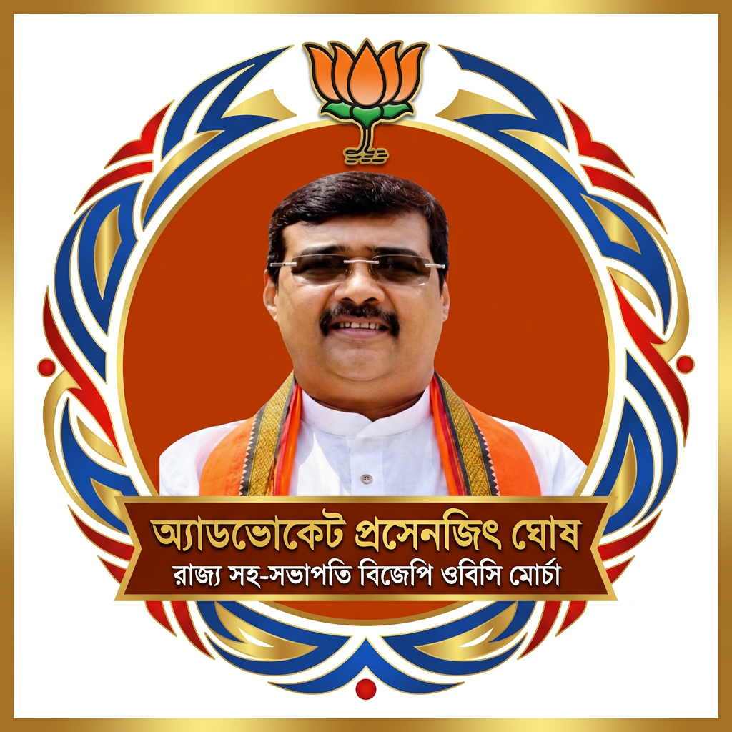 AI Design for MAKE A square SHAP LOGO WITH KEEP MIDDLE THIS PHOTO AND WRITE "অ্যাডভোকেট প্রসেনজিৎ ঘোষ রাজ্য সহ-সভাপতি বিজেপি ওবিসি মোর্চা" AROUND THE PHOTO