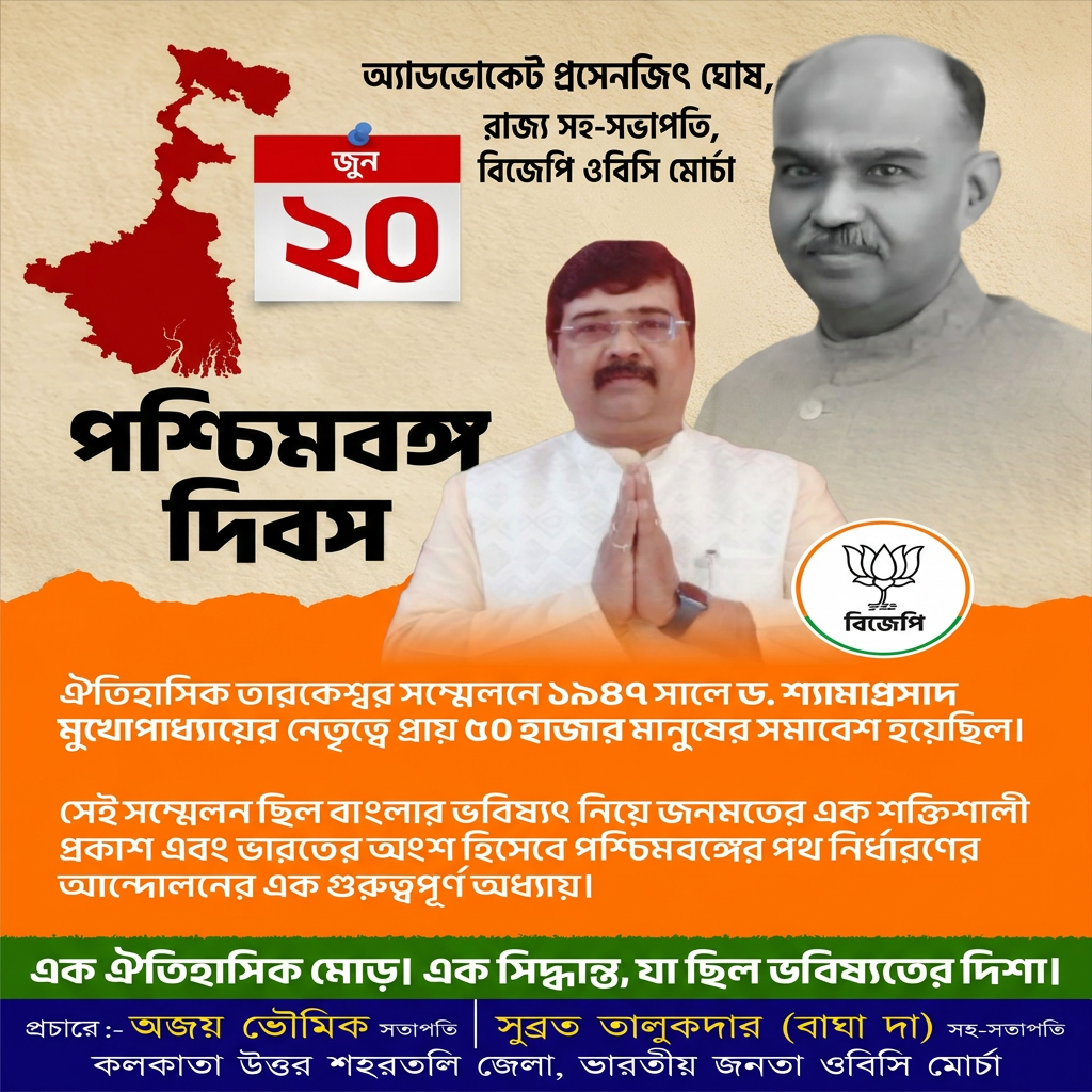 AI Design for fix the 2nd photo in front of the Syama Prasad Mookerjee picture and mention "অ্যাডভোকেট প্রসেনজিৎ ঘোষ, রাজ্য সহ-সভাপতি, বিজেপি ওবিসি মোর্চা"
