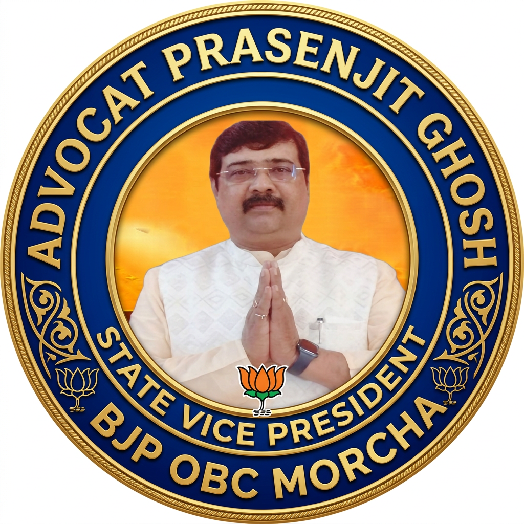 AI Design for MAKE A ROUND SHAP LOGO WITH KEEP MIDDLE THIS PHOTO AND WRITE "ADVOCAT PRASENJIT GHOSH,STATE VICE PRESIDENT,BJP OBC MORCHA" AROUND THE PHOTO