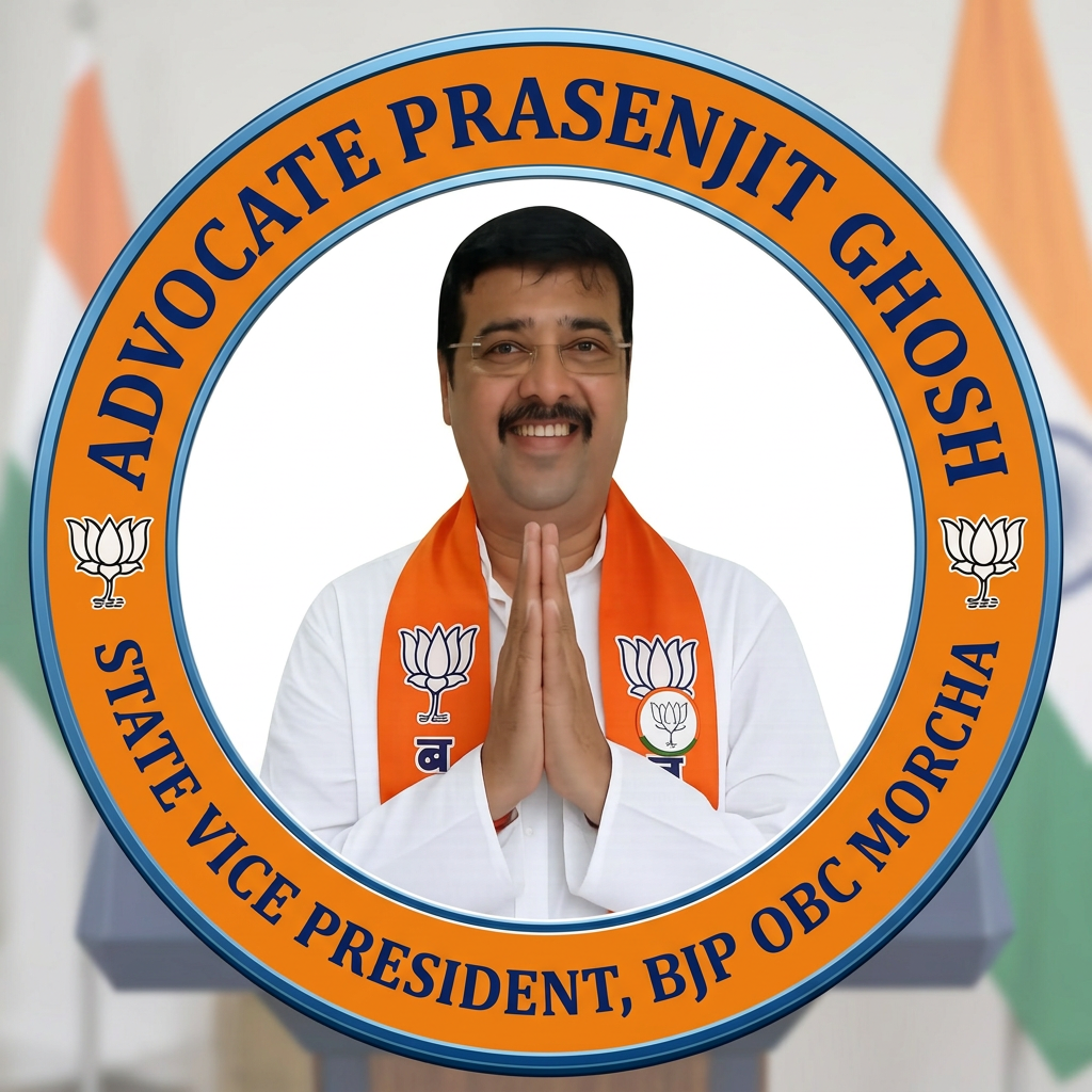 AI Design for MAKE A ROUND SHAP LOGO WITH KEEP MIDDLE THIS PHOTO AND WRITE "ADVOCAT PRASENJIT GHOSH,STATE VICE PRESIDENT,BJP OBC MORCHA" AROUND THE PHOTO
