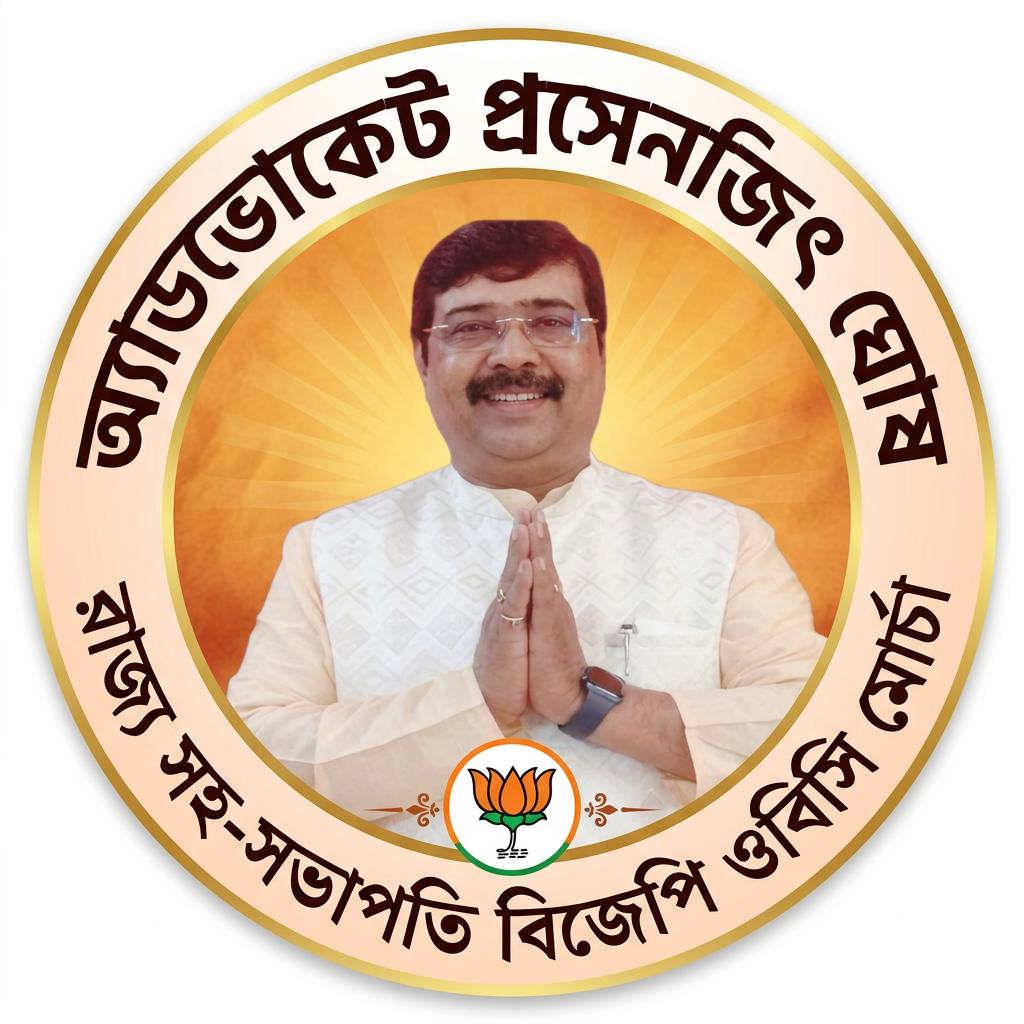AI Design for MAKE A ROUND SHAP LOGO WITH KEEP MIDDLE THIS PHOTO AND WRITE "অ্যাডভোকেট প্রসেনজিৎ ঘোষ রাজ্য সহ-সভাপতি বিজেপি ওবিসি মোর্চা" AROUND THE PHOTO