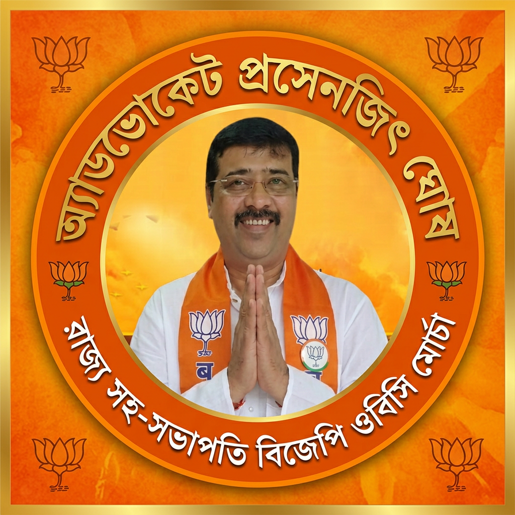 AI Design for MAKE A square SHAP LOGO WITH KEEP MIDDLE THIS PHOTO AND WRITE "অ্যাডভোকেট প্রসেনজিৎ ঘোষ রাজ্য সহ-সভাপতি বিজেপি ওবিসি মোর্চা" AROUND THE PHOTO
