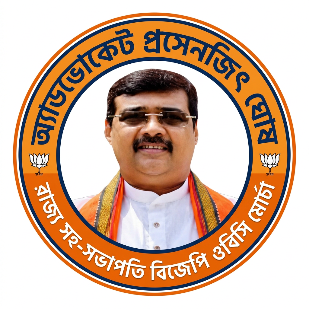 AI Design for MAKE A ROUND SHAP LOGO WITH KEEP MIDDLE THIS PHOTO AND WRITE "অ্যাডভোকেট প্রসেনজিৎ ঘোষ রাজ্য সহ-সভাপতি বিজেপি ওবিসি মোর্চা" AROUND THE PHOTO