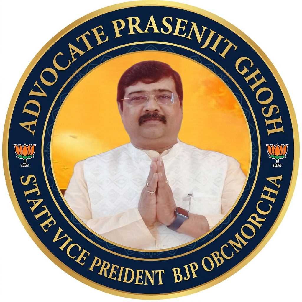 AI Design for MAKE A ROUND SHAP LOGO WITH KEEP MIDDLE THIS PHOTO AND WRITE "ADVOCATE PRASENJIT GHOSH,STATE VICE PRESIDENT,BJP OBC MORCHA" AROUND THE PHOTO