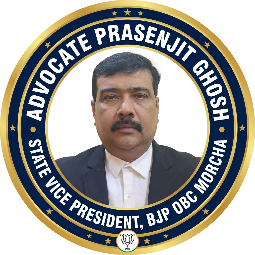 AI Design for MAKE A ROUND SHAP LOGO WITH KEEP MIDDLE THIS PHOTO AND WRITE "ADVOCATE PRASENJIT GHOSH STATE VICE PRESIDENT BJP OBC MORCHA" AROUND THE PHOTO