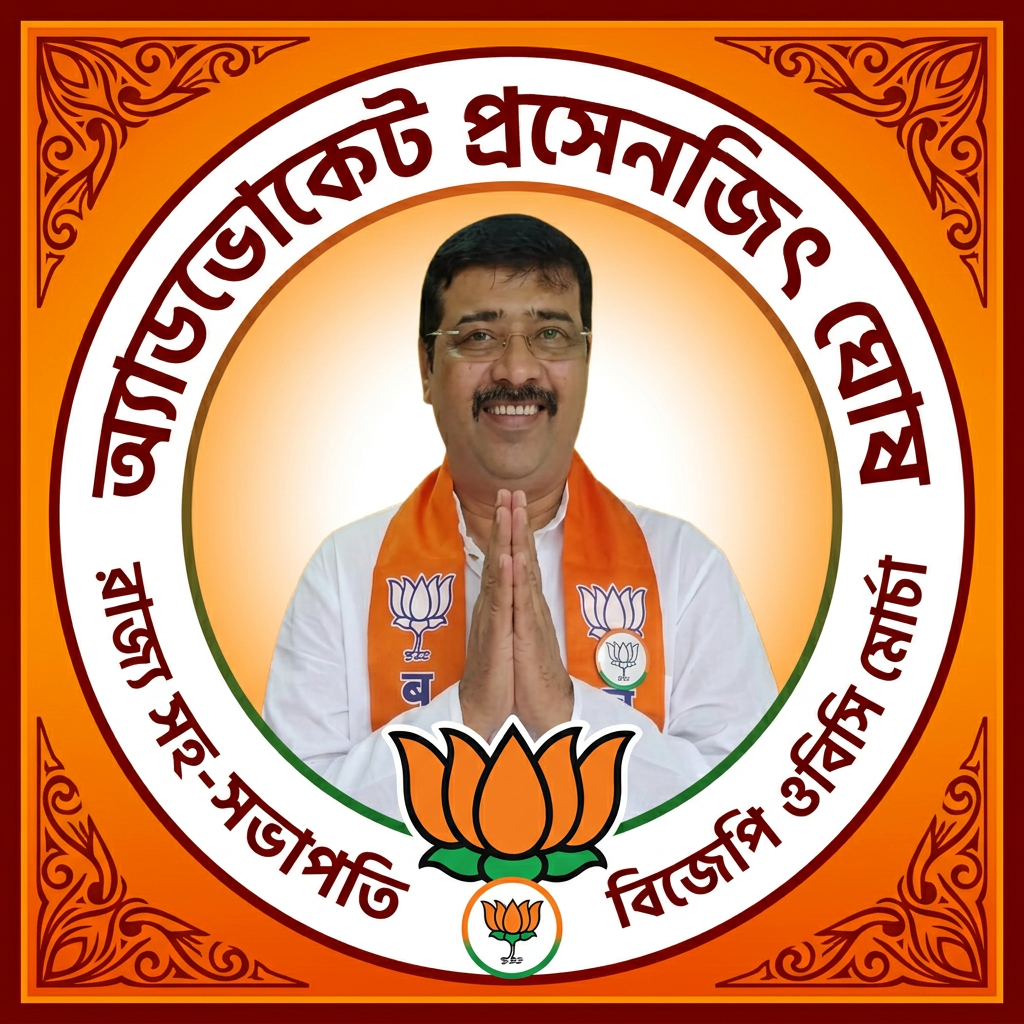 AI Design for MAKE A square SHAP LOGO WITH KEEP MIDDLE THIS PHOTO AND WRITE "অ্যাডভোকেট প্রসেনজিৎ ঘোষ রাজ্য সহ-সভাপতি বিজেপি ওবিসি মোর্চা" AROUND THE PHOTO