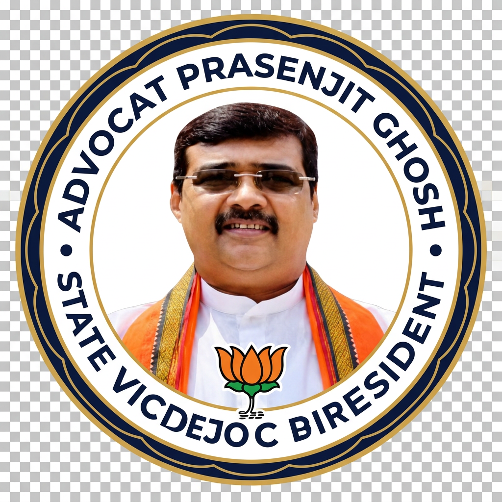 AI Design for MAKE A ROUND SHAP LOGO WITH KEEP MIDDLE THIS PHOTO AND WRITE "ADVOCAT PRASENJIT GHOSH,STATE VICE PRESIDENT,BJP OBC MORCHA" AROUND THE PHOTO