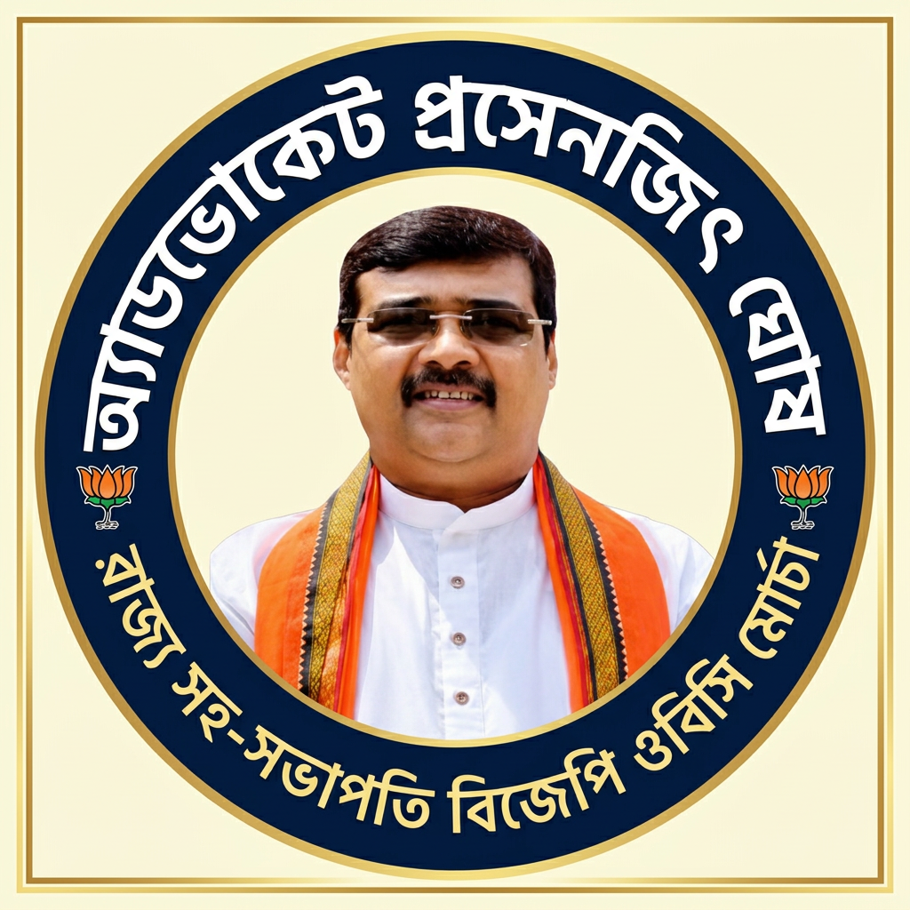 AI Design for MAKE A square SHAP LOGO WITH KEEP MIDDLE THIS PHOTO AND WRITE "অ্যাডভোকেট প্রসেনজিৎ ঘোষ রাজ্য সহ-সভাপতি বিজেপি ওবিসি মোর্চা" AROUND THE PHOTO