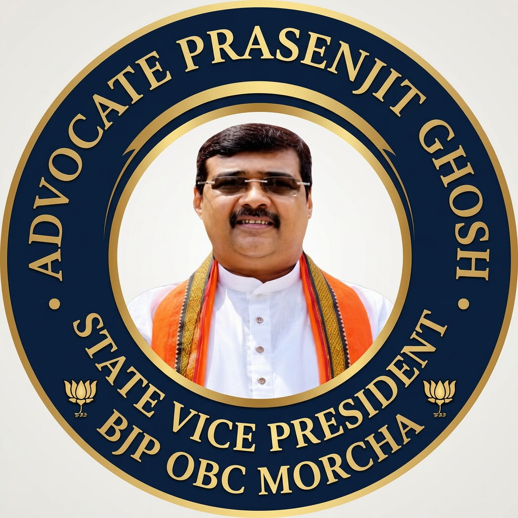 AI Design for MAKE A ROUND SHAP LOGO WITH KEEP MIDDLE THIS PHOTO AND WRITE "ADVOCAT PRASENJIT GHOSH,STATE VICE PRESIDENT,BJP OBC MORCHA" AROUND THE PHOTO