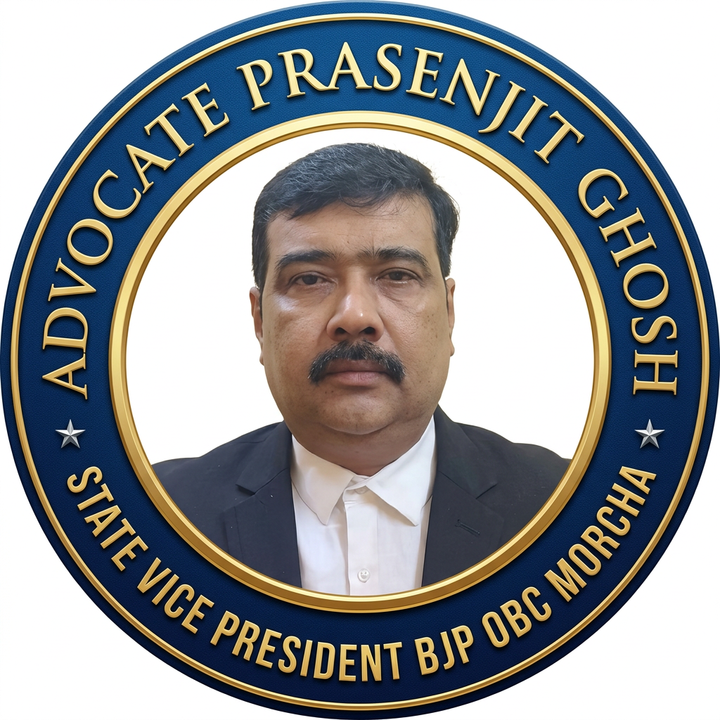 AI Design for MAKE A ROUND SHAP LOGO WITH KEEP MIDDLE THIS PHOTO AND WRITE "ADVOCATE PRASENJIT GHOSH STATE VICE PRESIDENT BJP OBC MORCHA" AROUND THE PHOTO