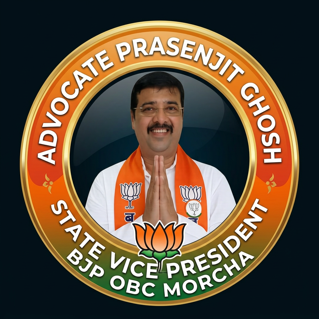 AI Design for MAKE A ROUND SHAP LOGO WITH KEEP MIDDLE THIS PHOTO AND WRITE "ADVOCAT PRASENJIT GHOSH,STATE VICE PRESIDENT,BJP OBC MORCHA" AROUND THE PHOTO