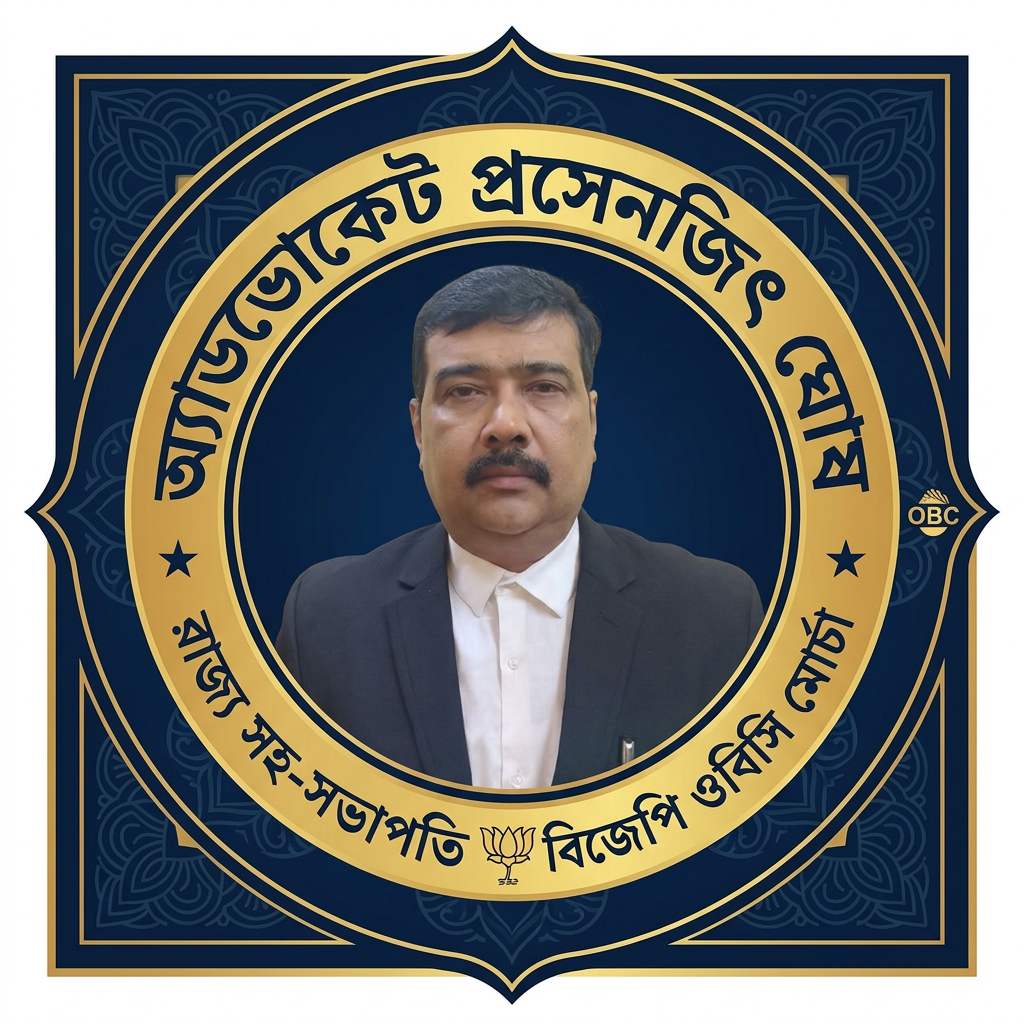 AI Design for MAKE A square SHAP LOGO WITH KEEP MIDDLE THIS PHOTO AND WRITE "অ্যাডভোকেট প্রসেনজিৎ ঘোষ রাজ্য সহ-সভাপতি বিজেপি ওবিসি মোর্চা" AROUND THE PHOTO