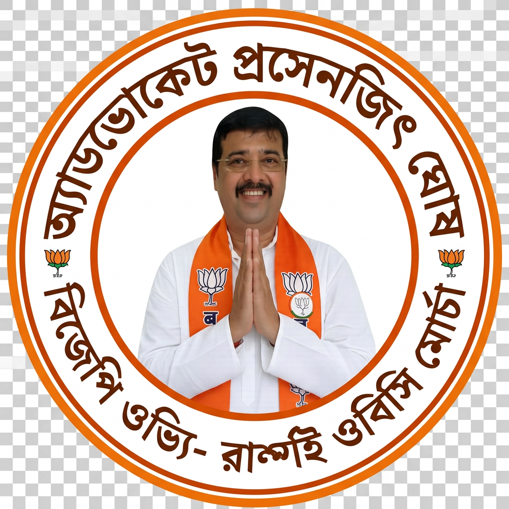 AI Design for MAKE A ROUND SHAP LOGO WITH KEEP MIDDLE THIS PHOTO AND WRITE "অ্যাডভোকেট প্রসেনজিৎ ঘোষ রাজ্য সহ-সভাপতি বিজেপি ওবিসি মোর্চা" AROUND THE PHOTO