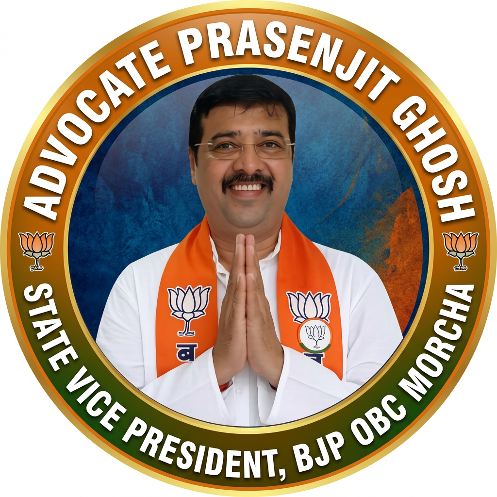 AI Design for MAKE A ROUND SHAP LOGO WITH KEEP MIDDLE THIS PHOTO AND WRITE "ADVOCATE PRASENJIT GHOSH,STATE VICE PRESIDENT,BJP OBC MORCHA" AROUND THE PHOTO