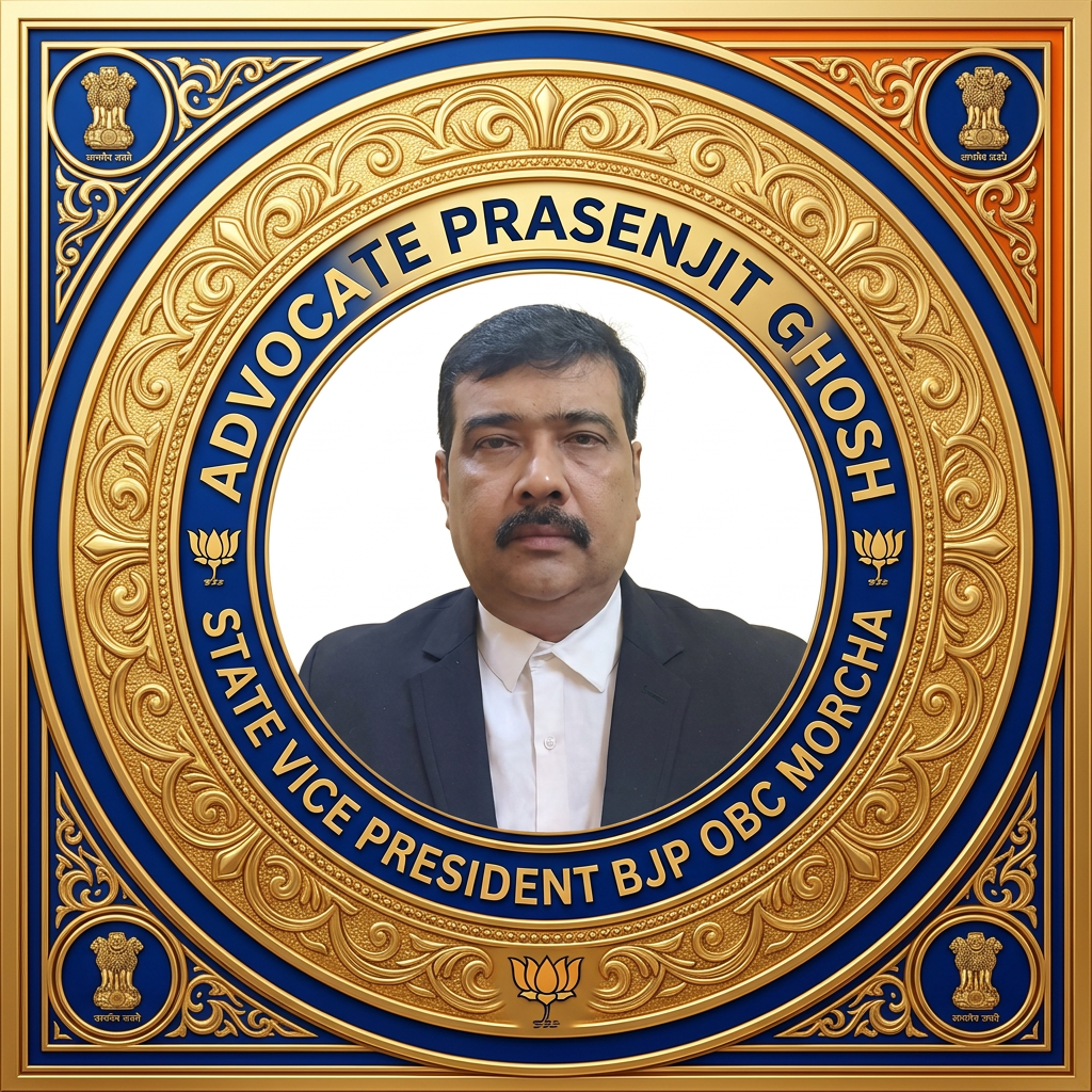 AI Design for MAKE A square SHAP LOGO WITH KEEP MIDDLE THIS PHOTO AND WRITE "ADVOCATE PRASENJIT GHOSH STATE VICE PRESIDENT BJP OBC MORCHA" AROUND THE PHOTO