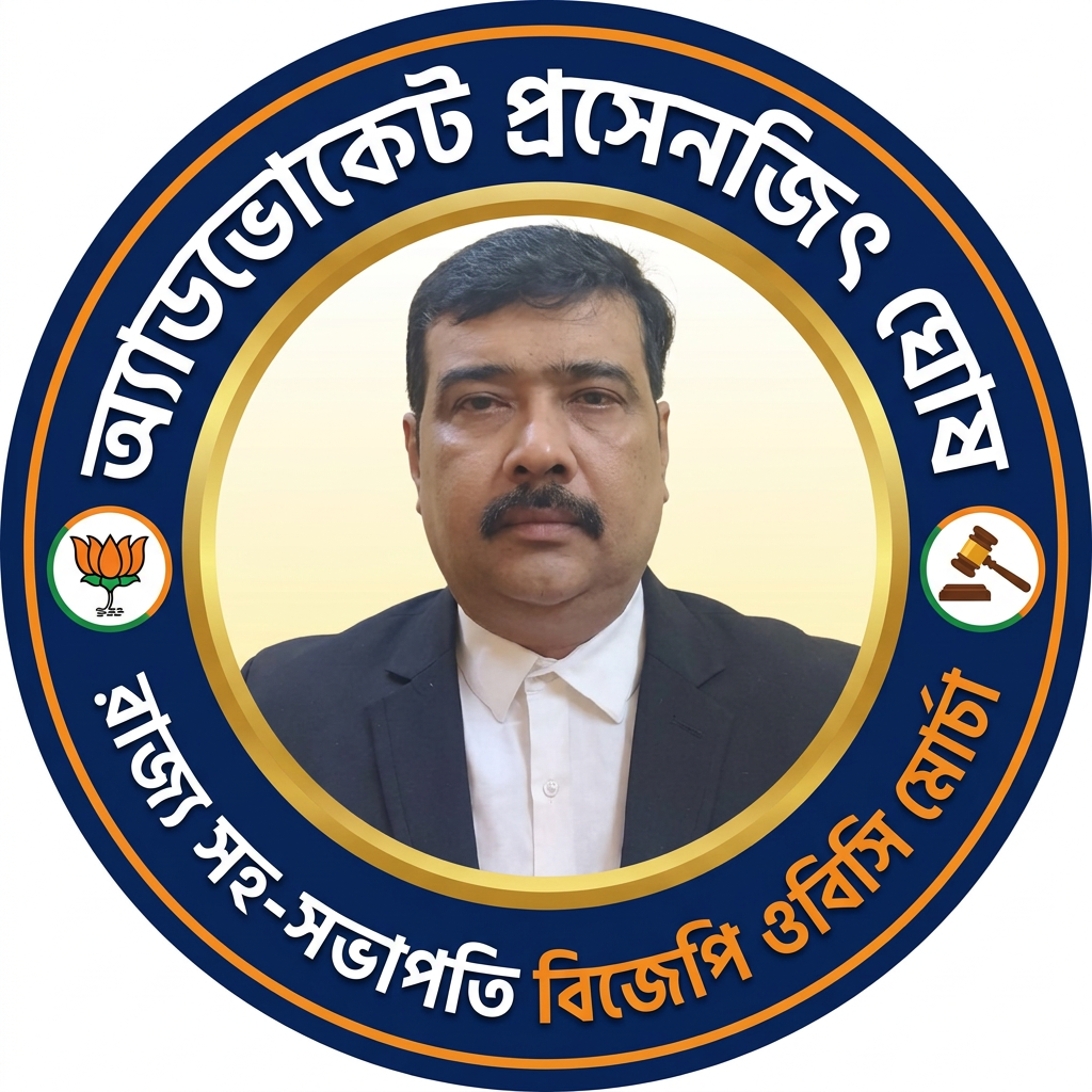 AI Design for MAKE A square SHAP LOGO WITH KEEP MIDDLE THIS PHOTO AND WRITE "অ্যাডভোকেট প্রসেনজিৎ ঘোষ রাজ্য সহ-সভাপতি বিজেপি ওবিসি মোর্চা" AROUND THE PHOTO