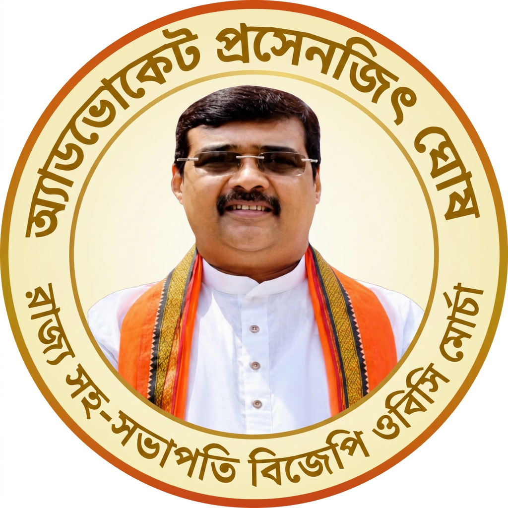 AI Design for MAKE A square SHAP LOGO WITH KEEP MIDDLE THIS PHOTO AND WRITE "অ্যাডভোকেট প্রসেনজিৎ ঘোষ রাজ্য সহ-সভাপতি বিজেপি ওবিসি মোর্চা" AROUND THE PHOTO