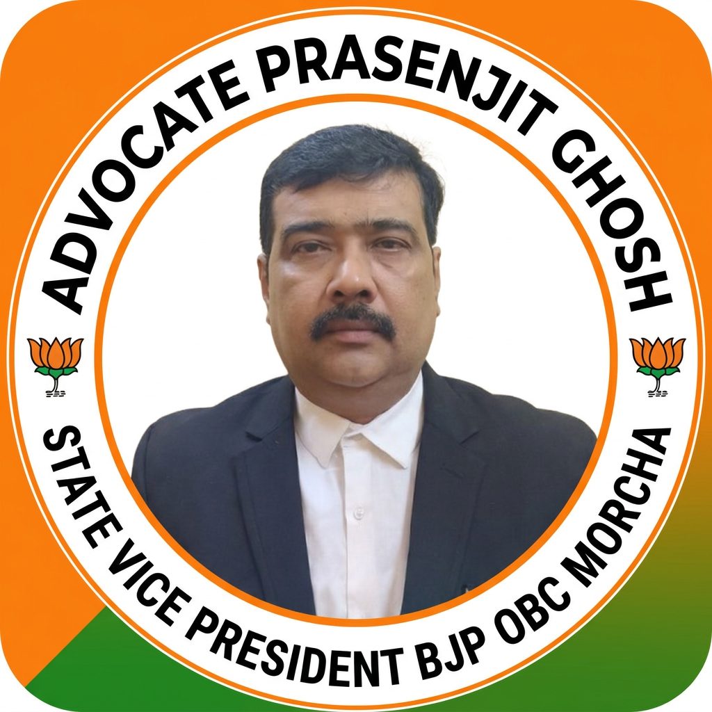 AI Design for MAKE A square SHAP LOGO WITH KEEP MIDDLE THIS PHOTO AND WRITE "ADVOCATE PRASENJIT GHOSH STATE VICE PRESIDENT BJP OBC MORCHA" AROUND THE PHOTO