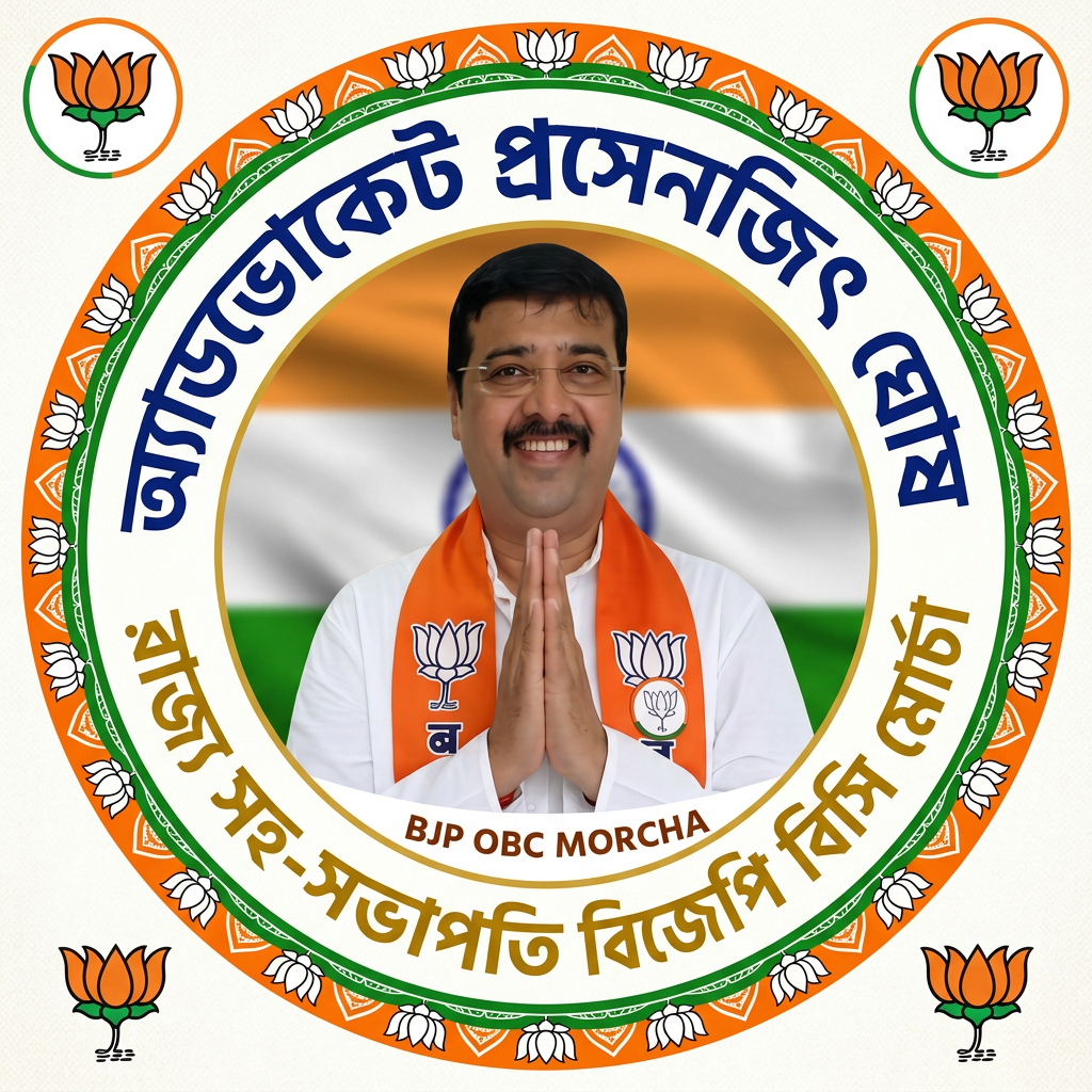 AI Design for MAKE A square SHAP LOGO WITH KEEP MIDDLE THIS PHOTO AND WRITE "অ্যাডভোকেট প্রসেনজিৎ ঘোষ রাজ্য সহ-সভাপতি বিজেপি ওবিসি মোর্চা" AROUND THE PHOTO