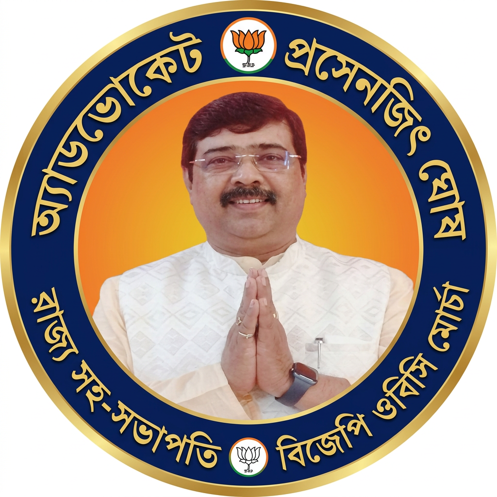 AI Design for MAKE A ROUND SHAP LOGO WITH KEEP MIDDLE THIS PHOTO AND WRITE "অ্যাডভোকেট প্রসেনজিৎ ঘোষ রাজ্য সহ-সভাপতি বিজেপি ওবিসি মোর্চা" AROUND THE PHOTO