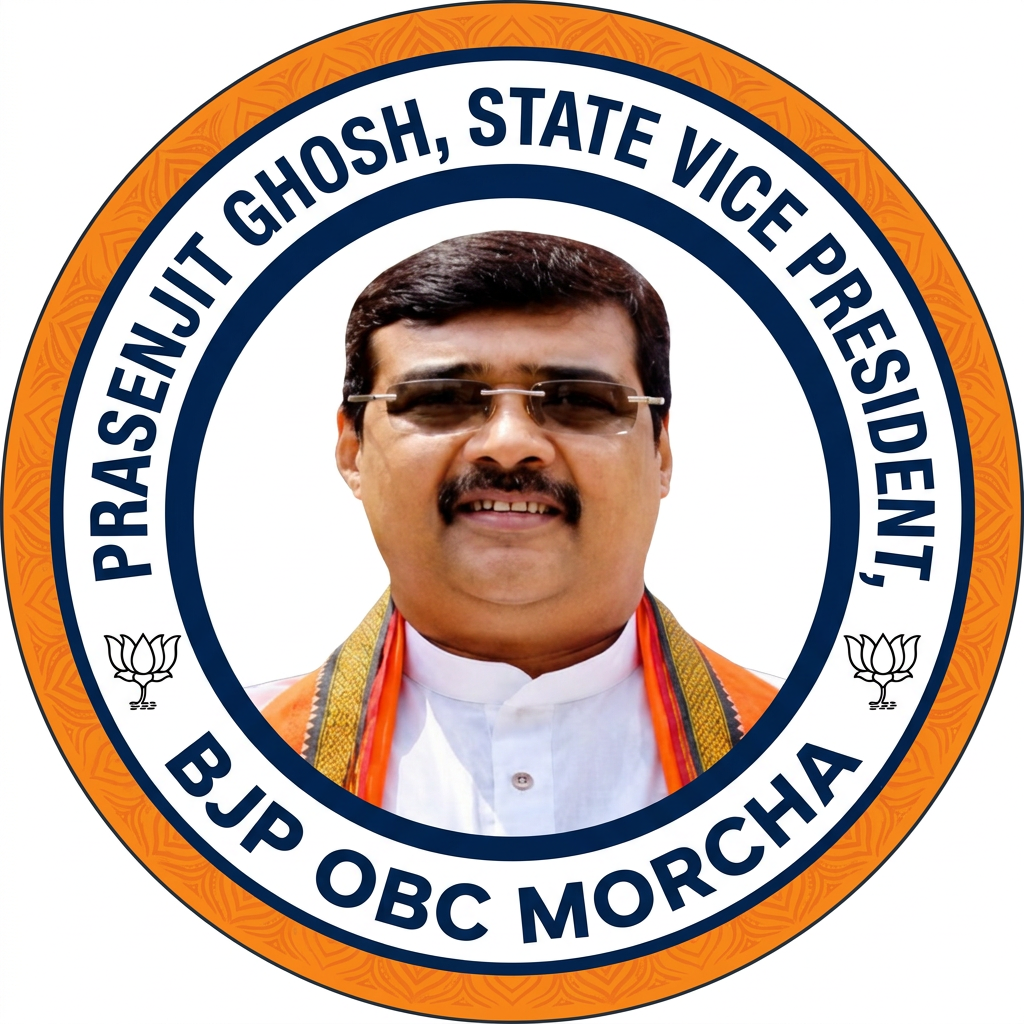 AI Design for MAKE A ROUND SHAP LOGO WITH KEEP MIDDLE THIS PHOTO AND WRITE "PRASENJIT GHOSH,STATE VICE PRESIDENT,BJP OBC MORCHA" AROUND THE PHOTO
