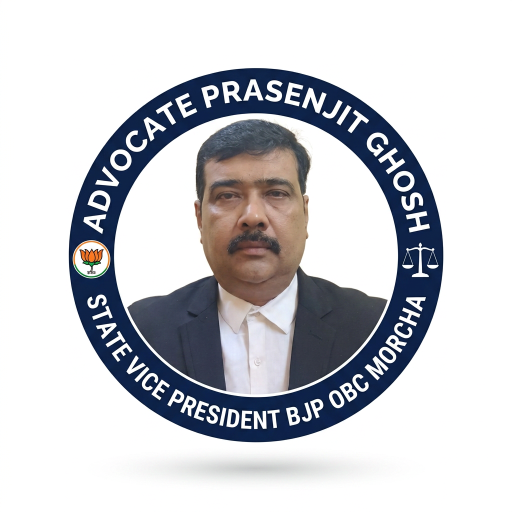 AI Design for MAKE A ROUNDSHAP LOGO WITH KEEP MIDDLE THIS PHOTO AND WRITE "ADVOCATE PRASENJIT GHOSH STATE VICE PRESIDENT BJP OBC MORCHA" AROUND THE PHOTO