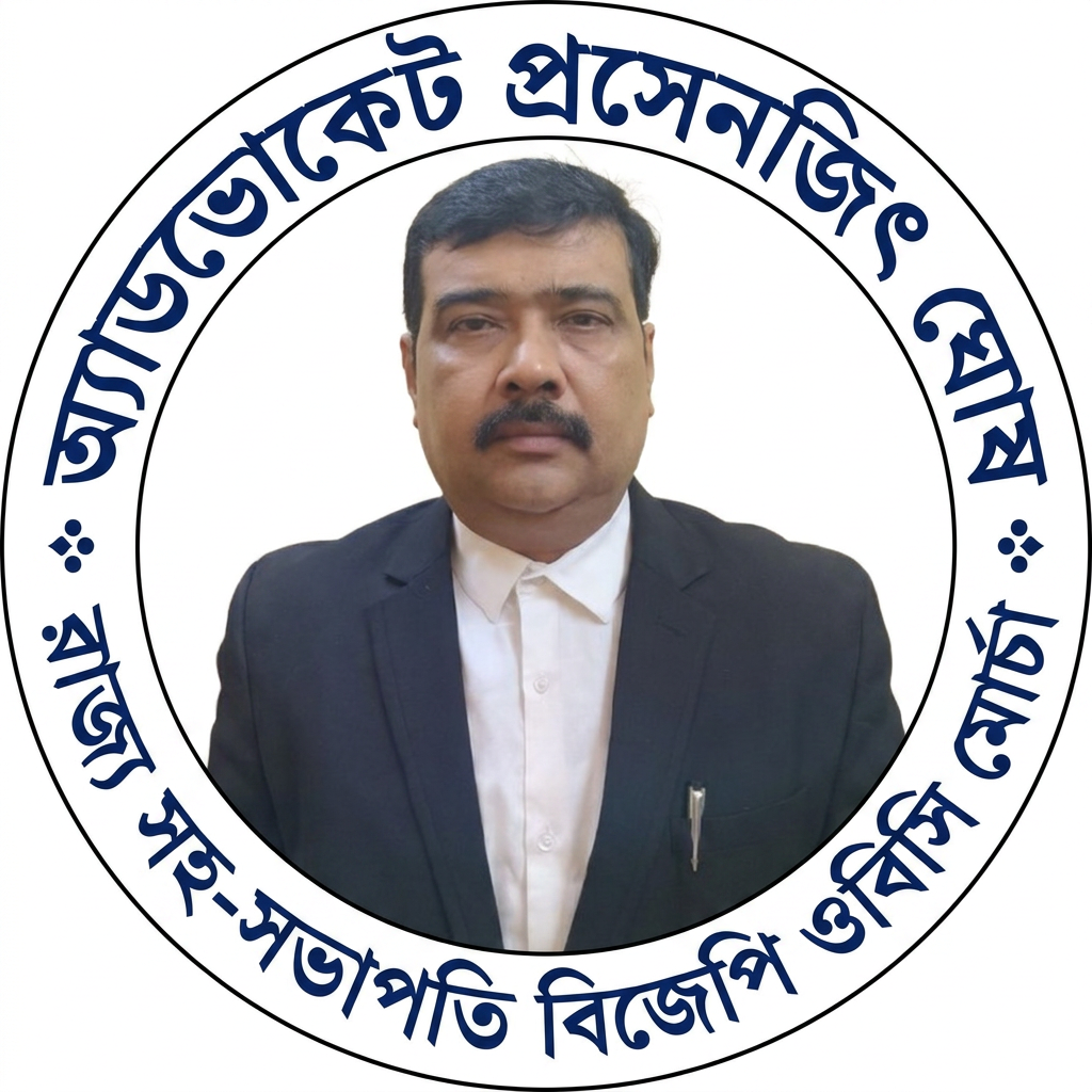AI Design for MAKE A square SHAP LOGO WITH KEEP MIDDLE THIS PHOTO AND WRITE "অ্যাডভোকেট প্রসেনজিৎ ঘোষ রাজ্য সহ-সভাপতি বিজেপি ওবিসি মোর্চা" AROUND THE PHOTO