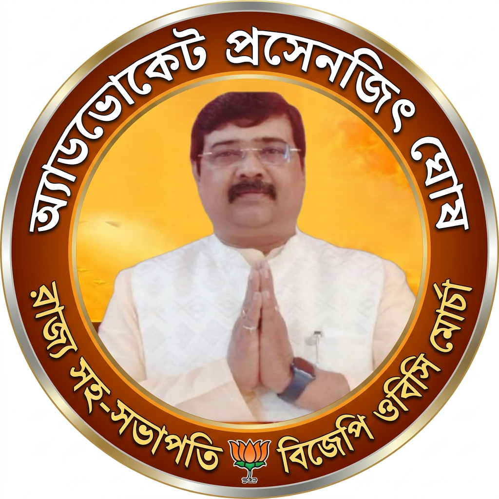 AI Design for MAKE A ROUND SHAP LOGO WITH KEEP MIDDLE THIS PHOTO AND WRITE "অ্যাডভোকেট প্রসেনজিৎ ঘোষ রাজ্য সহ-সভাপতি বিজেপি ওবিসি মোর্চা" AROUND THE PHOTO