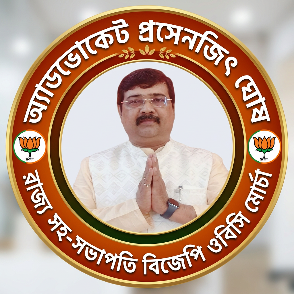 AI Design for MAKE A ROUND SHAP LOGO WITH KEEP MIDDLE THIS PHOTO AND WRITE "অ্যাডভোকেট প্রসেনজিৎ ঘোষ রাজ্য সহ-সভাপতি বিজেপি ওবিসি মোর্চা" AROUND THE PHOTO