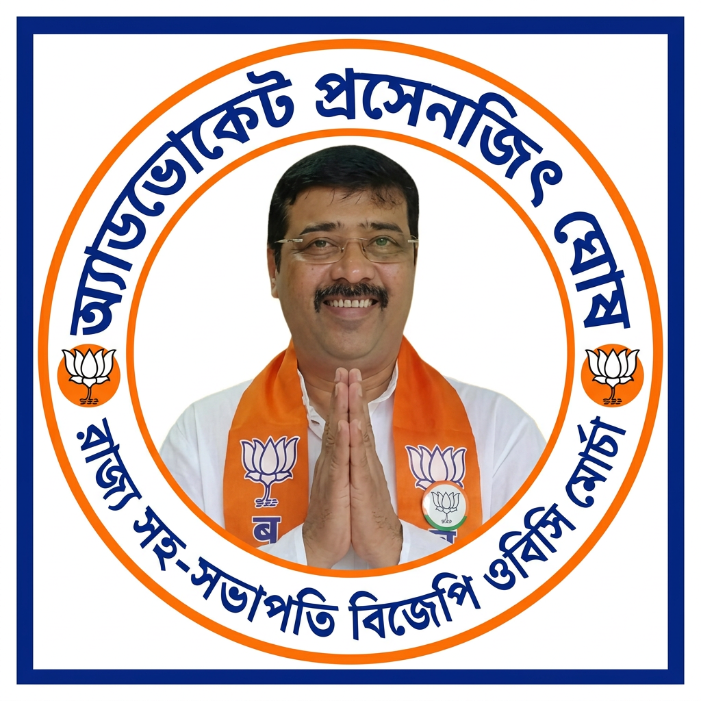 AI Design for MAKE A square SHAP LOGO WITH KEEP MIDDLE THIS PHOTO AND WRITE "অ্যাডভোকেট প্রসেনজিৎ ঘোষ রাজ্য সহ-সভাপতি বিজেপি ওবিসি মোর্চা" AROUND THE PHOTO