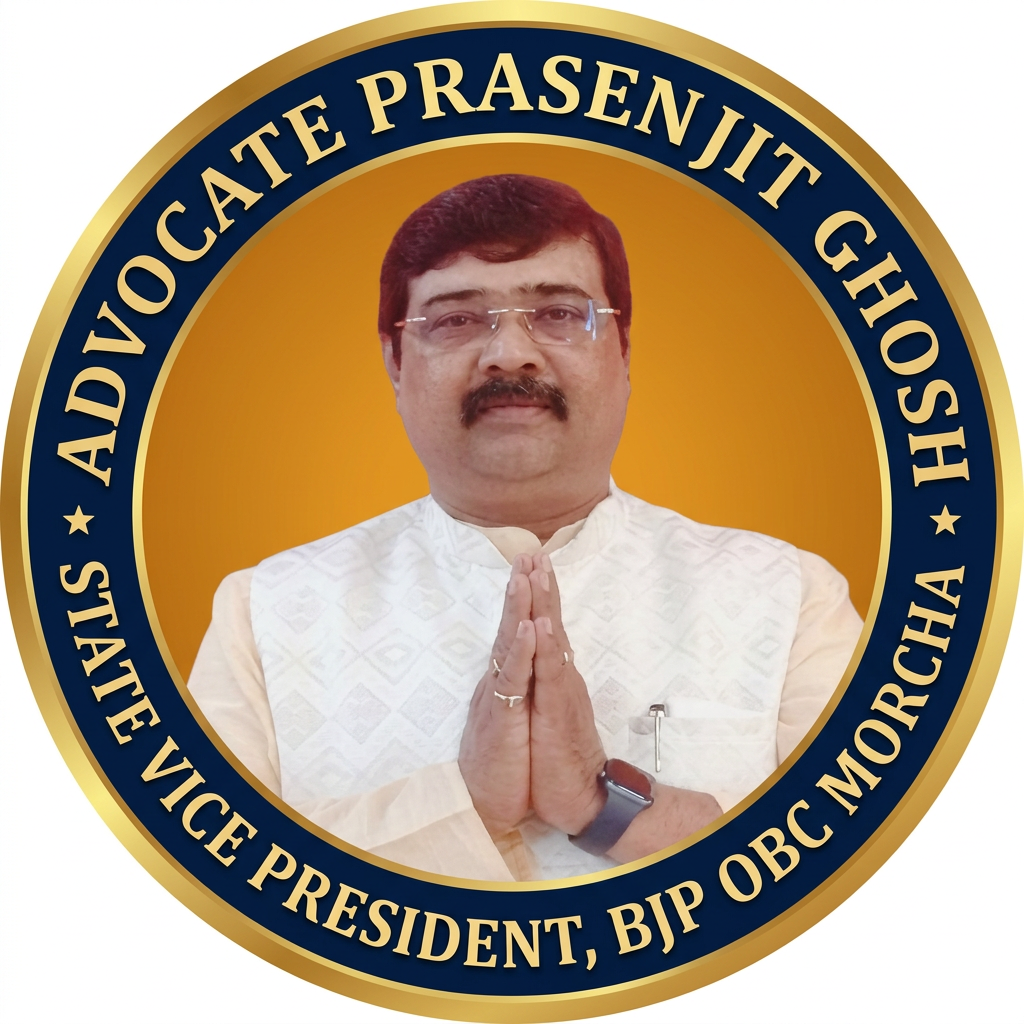AI Design for MAKE A ROUND SHAP LOGO WITH KEEP MIDDLE THIS PHOTO AND WRITE "ADVOCATE PRASENJIT GHOSH,STATE VICE PRESIDENT,BJP OBC MORCHA" AROUND THE PHOTO