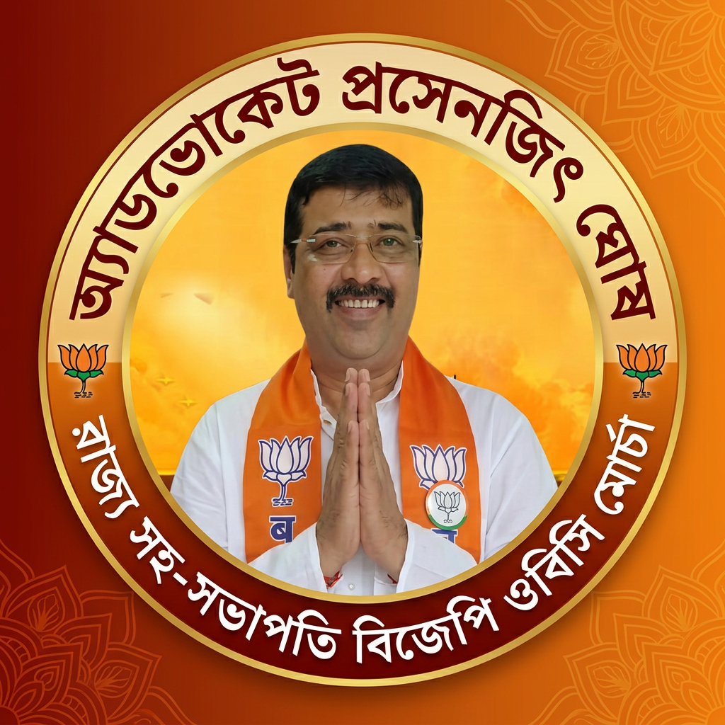 AI Design for MAKE A square SHAP LOGO WITH KEEP MIDDLE THIS PHOTO AND WRITE "অ্যাডভোকেট প্রসেনজিৎ ঘোষ রাজ্য সহ-সভাপতি বিজেপি ওবিসি মোর্চা" AROUND THE PHOTO