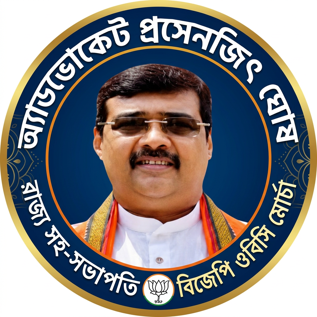 AI Design for MAKE A ROUND SHAP LOGO WITH KEEP MIDDLE THIS PHOTO AND WRITE "অ্যাডভোকেট প্রসেনজিৎ ঘোষ রাজ্য সহ-সভাপতি বিজেপি ওবিসি মোর্চা" AROUND THE PHOTO